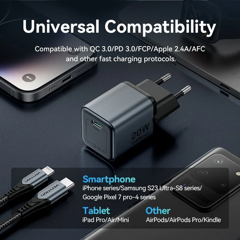 Vention 1-Port USB-C GaN Charger (20W) Gray with USB-C to Lightning Cable (1M) Black EU-Plug - Image 12