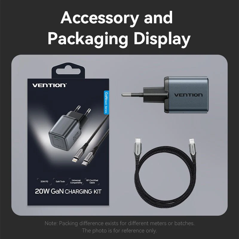 Vention 1-Port USB-C GaN Charger (20W) Gray with USB-C to Lightning Cable (1M) Black EU-Plug - Image 15