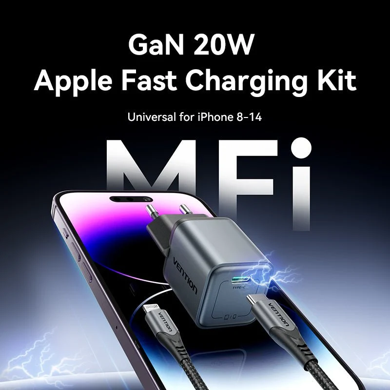 Vention 1-Port USB-C GaN Charger (20W) Gray with USB-C to Lightning Cable (1M) Black EU-Plug - Image 2