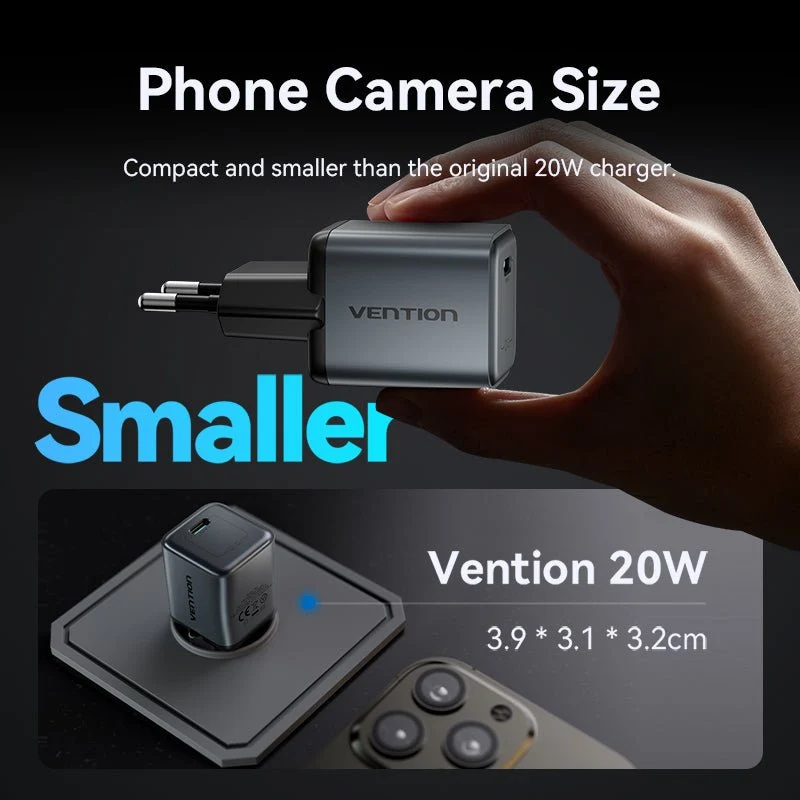 Vention 1-Port USB-C GaN Charger (20W) Gray with USB-C to Lightning Cable (1M) Black EU-Plug - Image 5