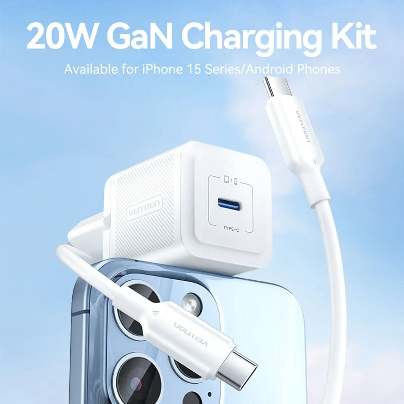 Vention 1-Port USB-C GaN Charger 20W with USB-C to USB-C Cable 1M EU-Plug - Image 3