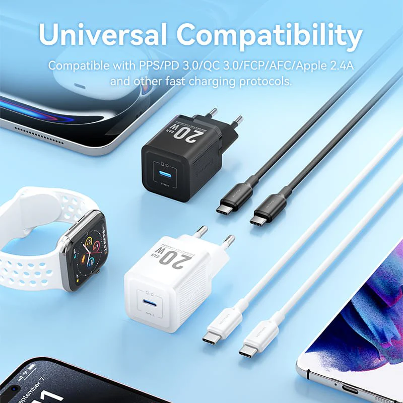 Vention 1-Port USB-C GaN Charger 20W with USB-C to USB-C Cable 1M EU-Plug - Image 4