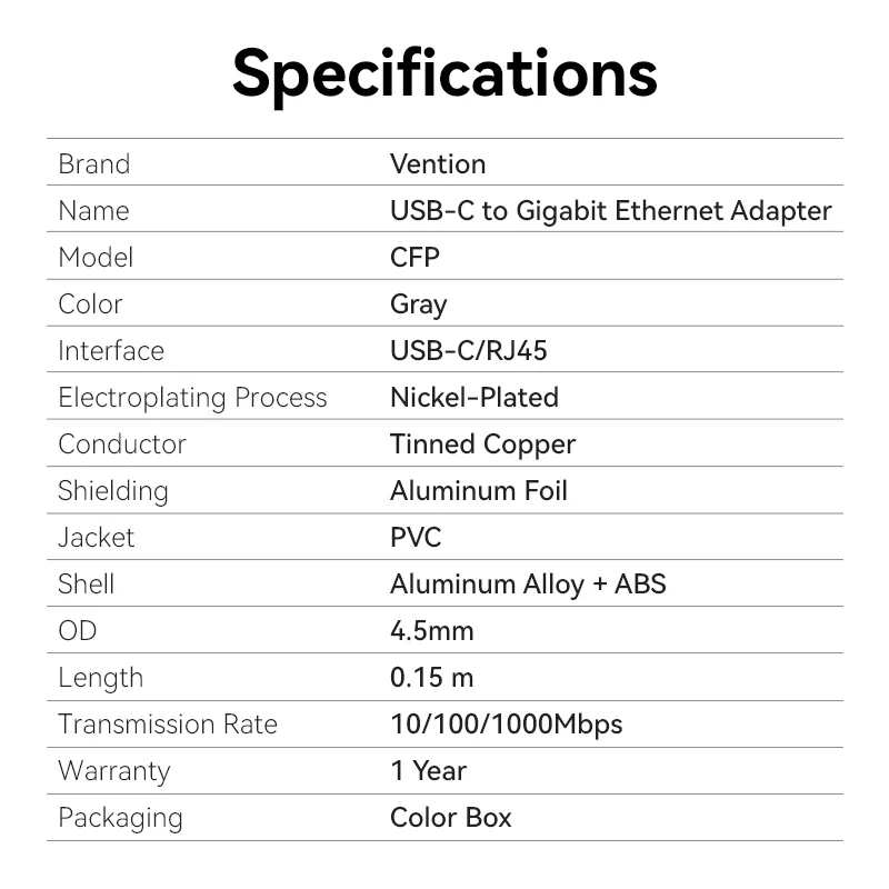 Vention USB-C to Gigabit Ethernet Adapter 0.15M Gray Aluminum Alloy Type - Image 13