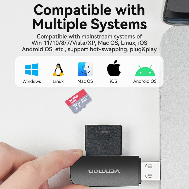 Vention 2-in-1 USB 2.0 A Card Reader(SD+TF) Black Single Drive Lette - Image 6