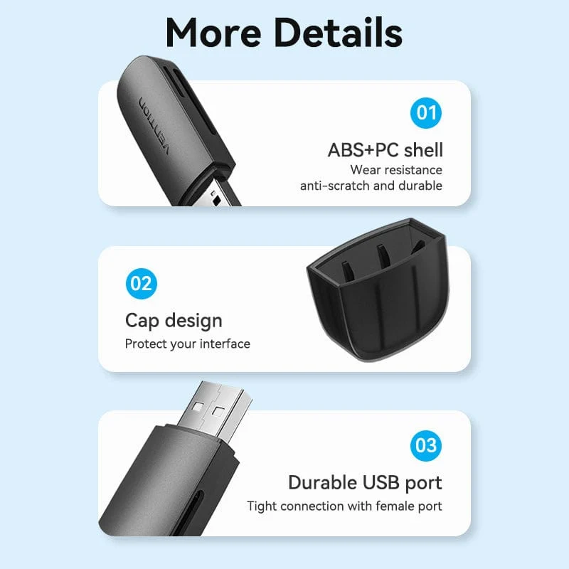 Vention 2-in-1 USB 2.0 A Card Reader(SD+TF) Black Single Drive Lette - Image 8