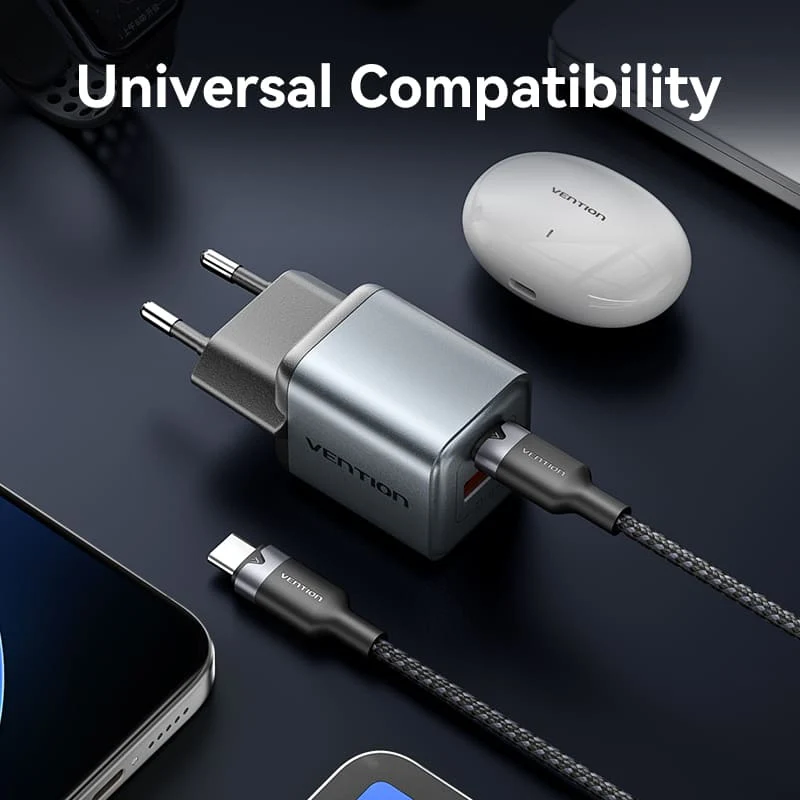Vention 2-Port USB (C + A) GaN Charger (30W/18W) Gray with USB-C to USB-C Cable (1M) Black EU-Plug - Image 10