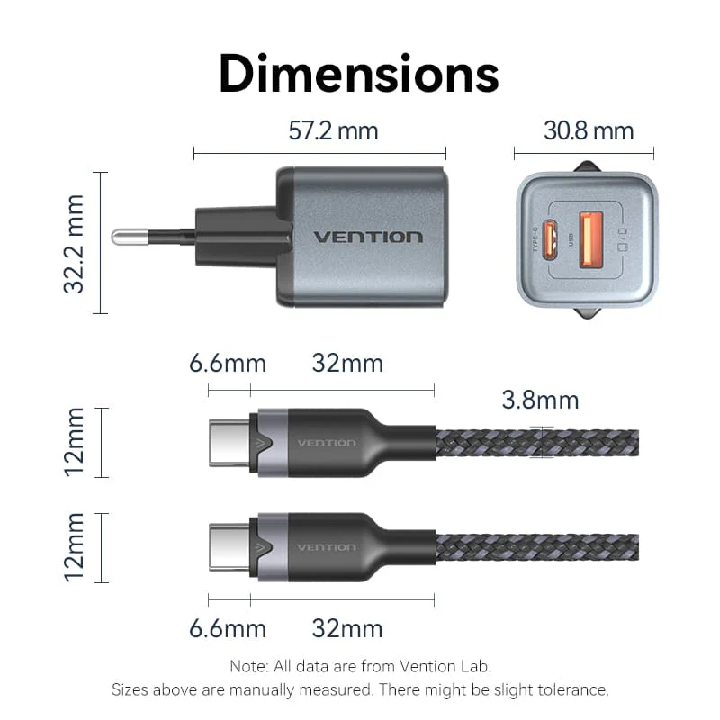 Vention 2-Port USB (C + A) GaN Charger (30W/18W) Gray with USB-C to USB-C Cable (1M) Black EU-Plug - Image 12