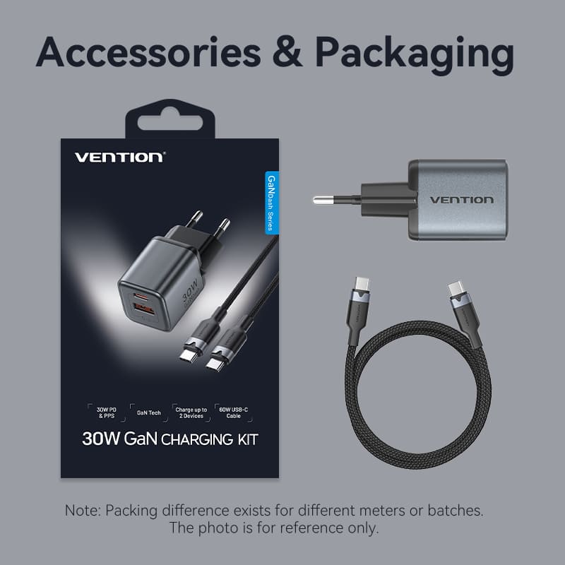 Vention 2-Port USB (C + A) GaN Charger (30W/18W) Gray with USB-C to USB-C Cable (1M) Black EU-Plug - Image 13