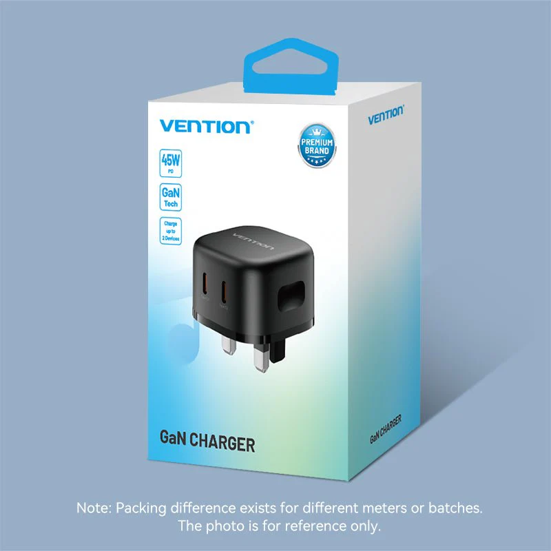 Vention 2-Port USB (C + C) GaN Charger (45W/45W) UK-Plug Black - Image 14
