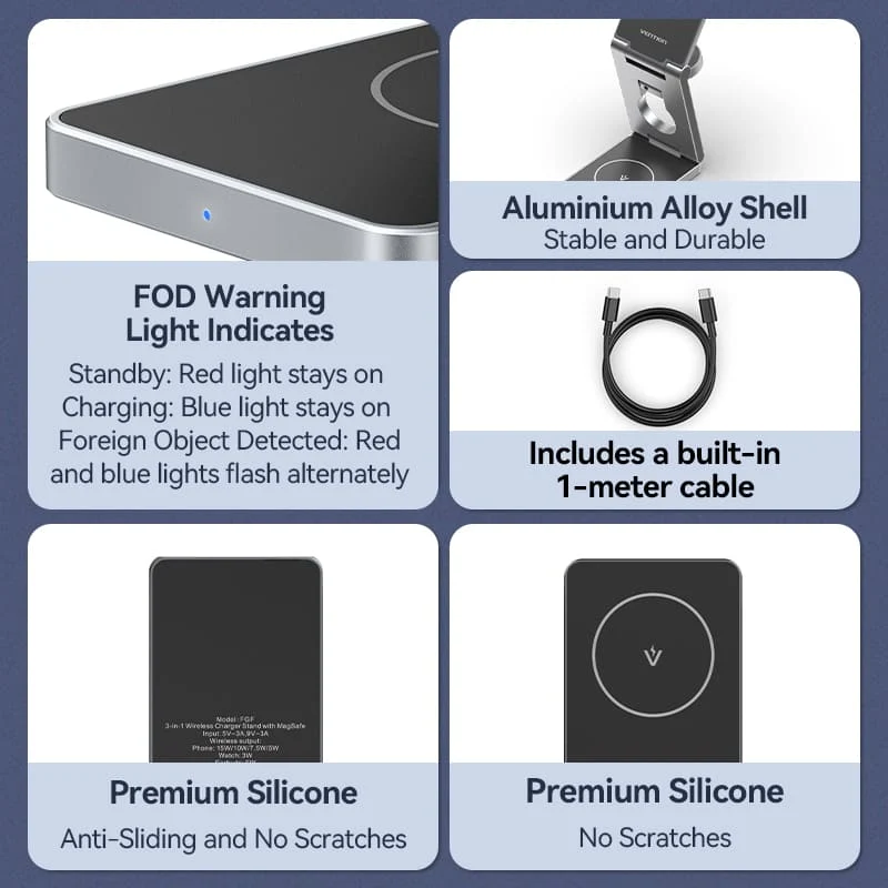 Vention 3‑in‑1 15W Wireless Charger Stand with MagSafe Gray - Image 9