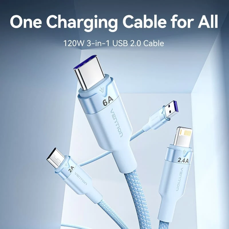 Vention USB 2.0 A Male to 3-in-1 USB-C & Lightning & Micro-B Male 6A Cable Aluminum Alloy Type - Image 5