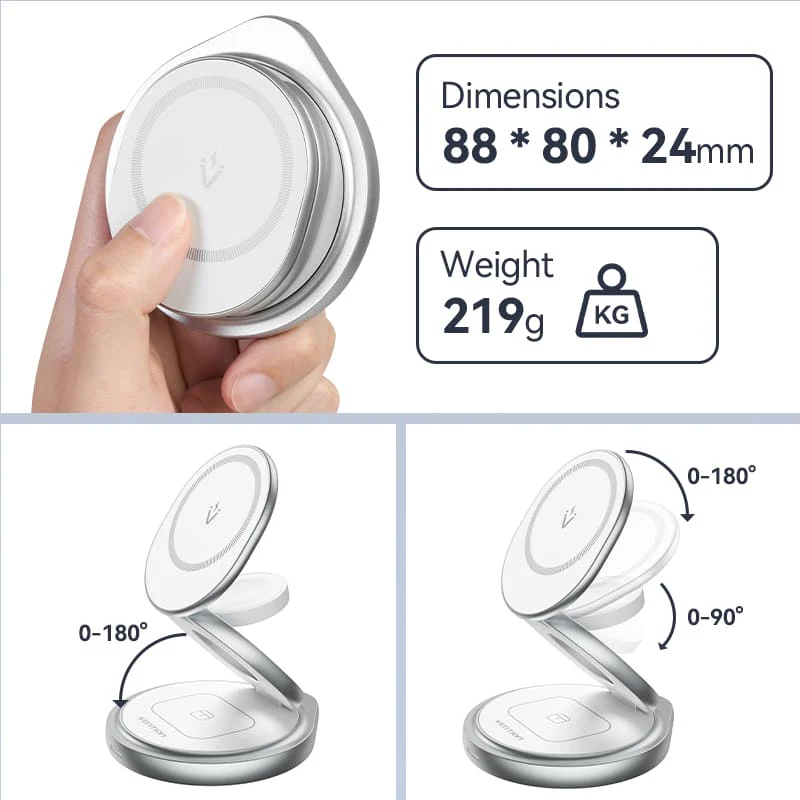 Vention 3-in-1 15W Wireless Charger Stand with MagSafe Silver - Image 11