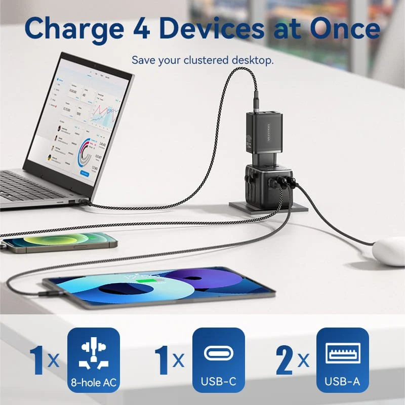 Vention 3-Port USB (C+A+A) Universal Travel Adapter (20W/18W/18W) - Image 10