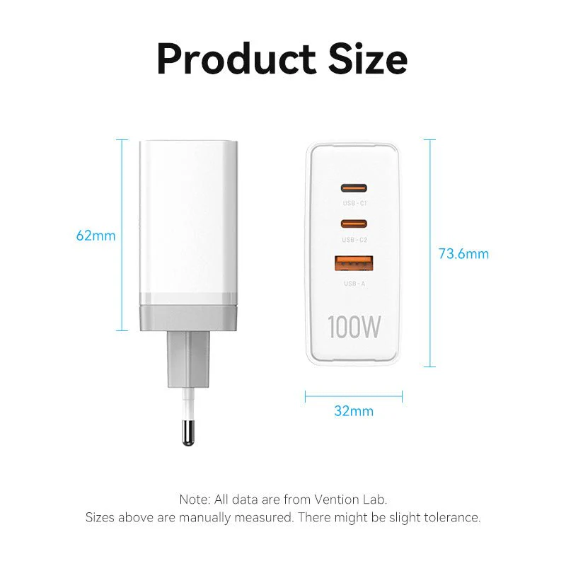 Vention 3-Port USB (C+C+A) GaN Charger (100W/100W/30W) EU-Plug - Image 15
