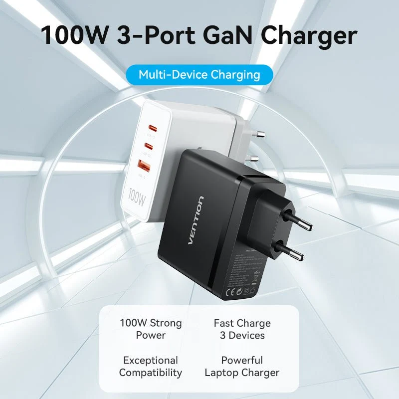 Vention 3-Port USB (C+C+A) GaN Charger (100W/100W/30W) EU-Plug - Image 3