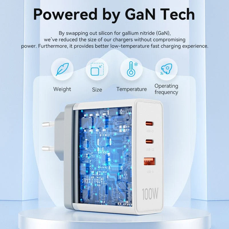 Vention 3-Port USB (C+C+A) GaN Charger (100W/100W/30W) EU-Plug - Image 4