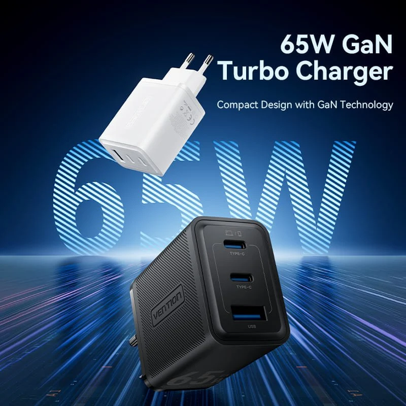 Vention 3-Port USB (C+C+A) GaN Charger (65W/65W/60W) EU-Plug - Image 3
