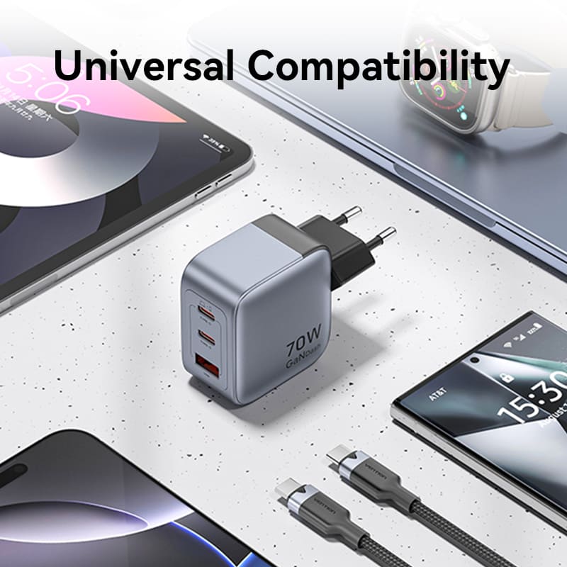 Vention 3-Port USB (C+C+A) GaN Charger (70W/70W/22.5W) Gray with USB-C to USB-C Cable (1M) Black EU-Plug - Image 12