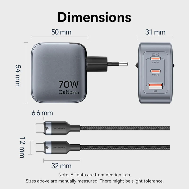 Vention 3-Port USB (C+C+A) GaN Charger (70W/70W/22.5W) Gray with USB-C to USB-C Cable (1M) Black EU-Plug - Image 14