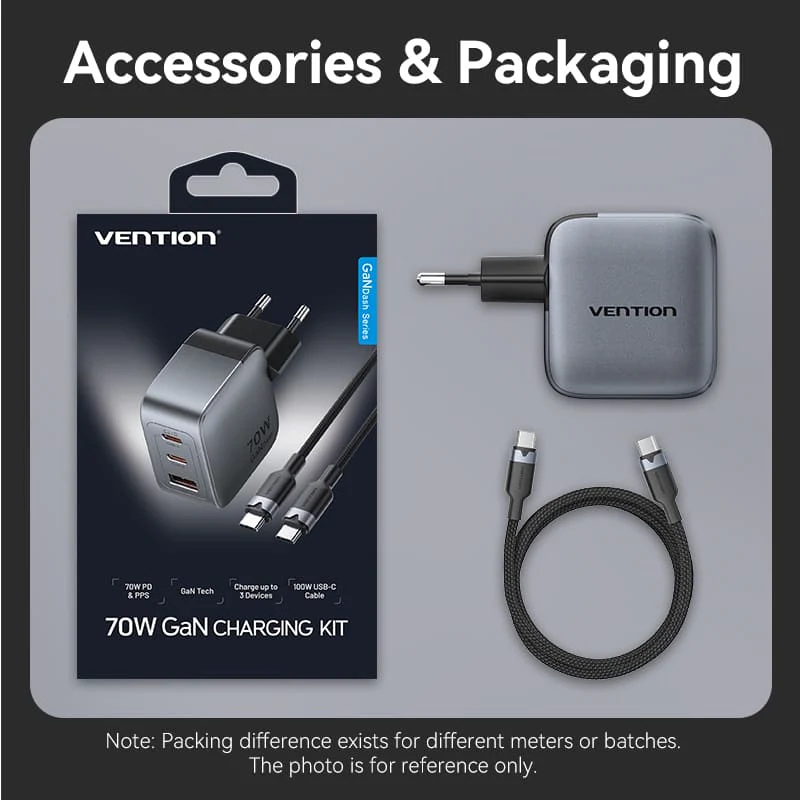 Vention 3-Port USB (C+C+A) GaN Charger (70W/70W/22.5W) Gray with USB-C to USB-C Cable (1M) Black EU-Plug - Image 15