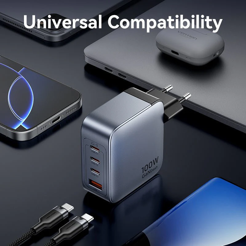 Vention 4-Port USB (C + C + C + A) GaN Charger (100W/100W/30W/30W) Gray with USB-C to USB-C Cable (1M) Black EU-Plug - Image 14
