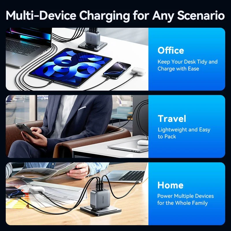Vention 4-Port USB (C + C + C + A) GaN Charger (100W/100W/30W/30W) Gray with USB-C to USB-C Cable (1M) Black EU-Plug - Image 8