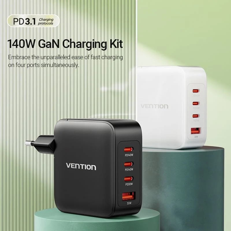 Vention 4-Port USB (C + C + C + A) GaN Charging Kit (140W/140W/30W/30W) EU-Plug - Image 3