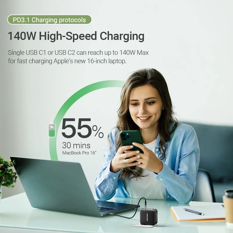 Vention 4-Port USB (C + C + C + A) GaN Charging Kit (140W/140W/30W/30W) EU-Plug - Image 6