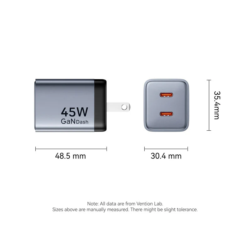 Vention 2-Port USB (C + C) GaN Charger (45W/45W) US-Plug Gray - Image 15