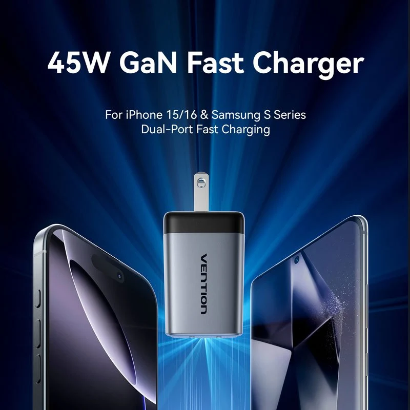 Vention 2-Port USB (C + C) GaN Charger (45W/45W) US-Plug Gray - Image 3