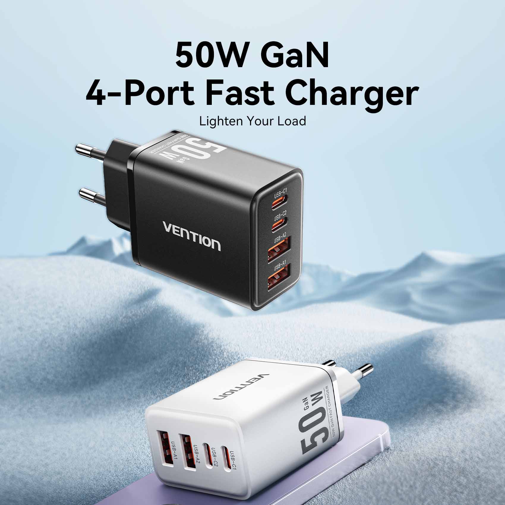 Vention 4-Port USB (C + C + A + A) GaN Charger (30W/20W/18W/18W) EU-Plug - Image 3