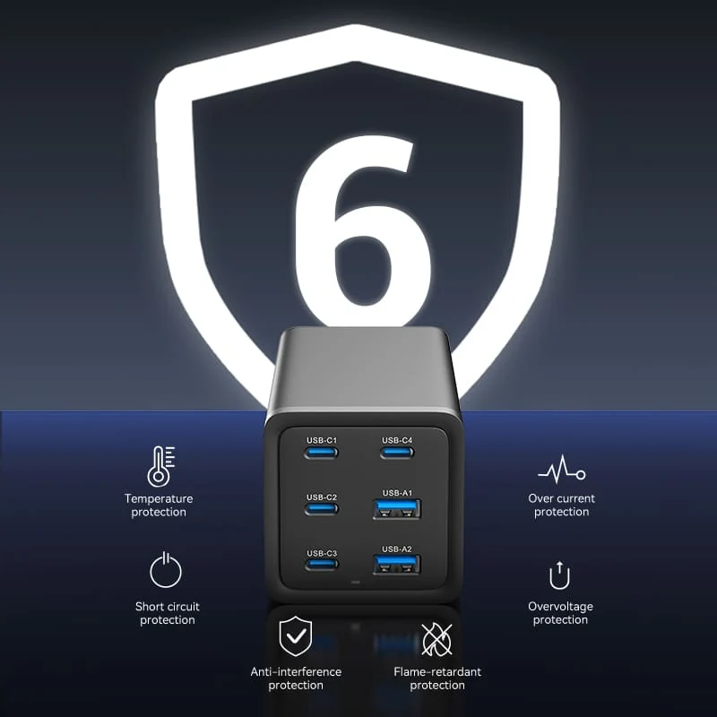 Vention 6-Port USB (C+C+C+C +A+A) Desktop GaN Charger (140W/140W/45W/20W/18W/18W) Plug - Image 9