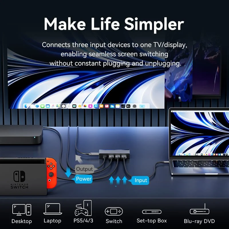 Vention 3 In 1 Out 8K HDMI™ Switcher Gray Aluminium Alloy Type - Image 4