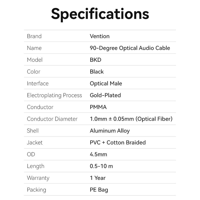Vention 90-Degree Optical Audio Cable 0.5/1/1.5/2/3/5/10M Black Aluminum Alloy Type - Image 12