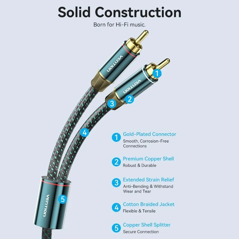 Vention Cotton Braided 2RCA Male to 2RCA Male Audio Cable 0.5/1/1.5/2/3/5/8/10M Green Copper Type - Image 6