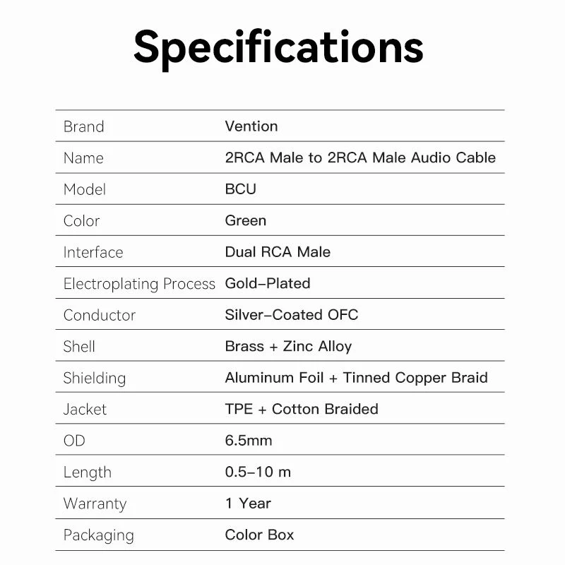 Vention Cotton Braided 2RCA Male to 2RCA Male Audio Cable 0.5/1/1.5/2/3/5/8/10M Green Copper Type - Image 9