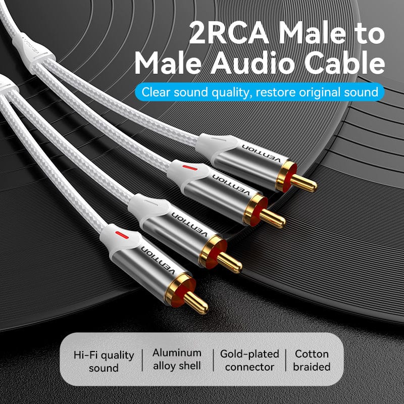 Vention Cotton Braided 2RCA Male to Male Audio Cable Silver Aluminum Alloy Type - Image 2