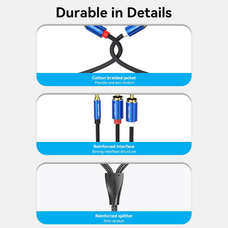 Vention Cotton Braided 3.5mm Male to 2RCA Male Audio Cable Blue Aluminum Alloy Type - Image 12