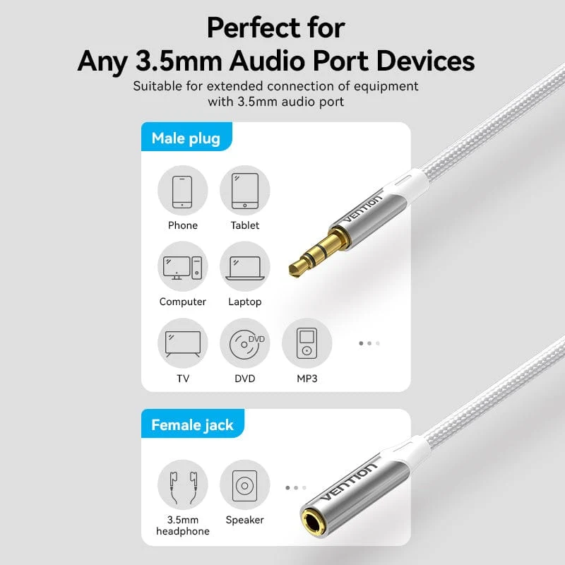 Vention Cotton Braided 3.5mm Male to 3.5mm Female Audio Extension Cable  Silver Aluminum Alloy Type - Image 6