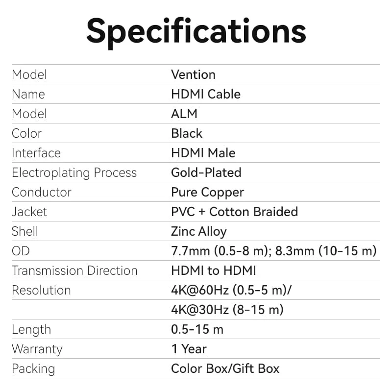 Vention Cotton Braided 4K HDMI™ Male to Male Cable Black Zinc Alloy Type - Image 15