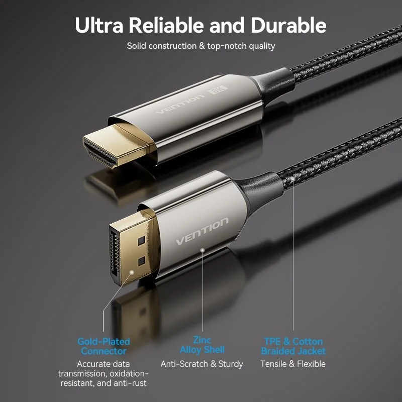 Vention Cotton Braided 8K DisplayPort Male to HDMI™ Male Cable 1.8M Black Zinc Alloy Type - Image 4