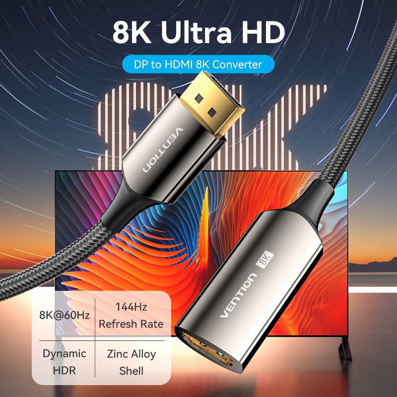 Vention Cotton Braided DP Male to HDMI™ Female 8K Converter 0.25M Black Zinc Alloy Type - Image 2