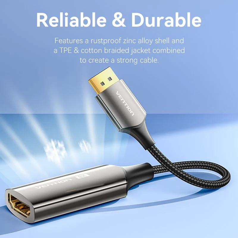 Vention Cotton Braided DP Male to HDMI™ Female 8K Converter 0.25M Black Zinc Alloy Type - Image 3