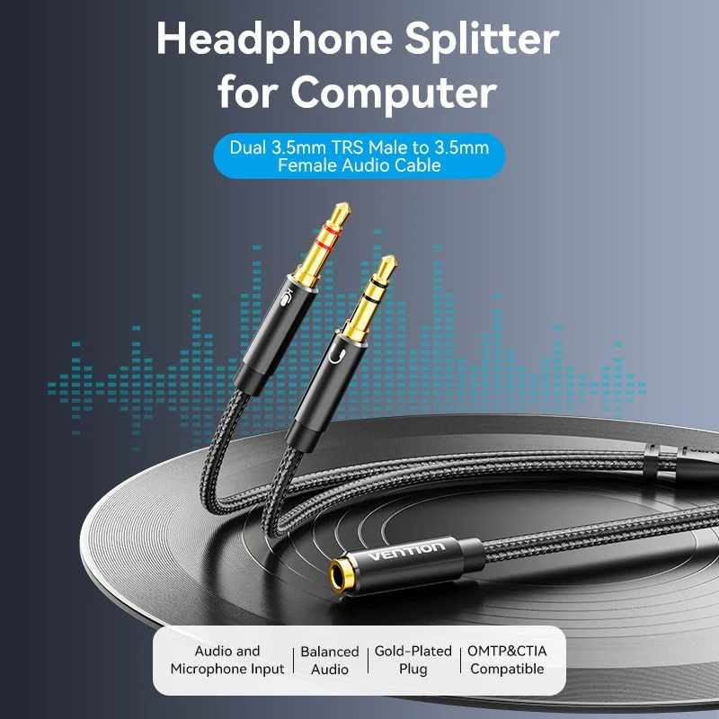 Vention Cotton Braided Dual 3.5mm TRS Male to 3.5mm Female Audio Cable 0.3M Black Aluminum Alloy Headphone Type (OMTP/CTIA) - Image 2