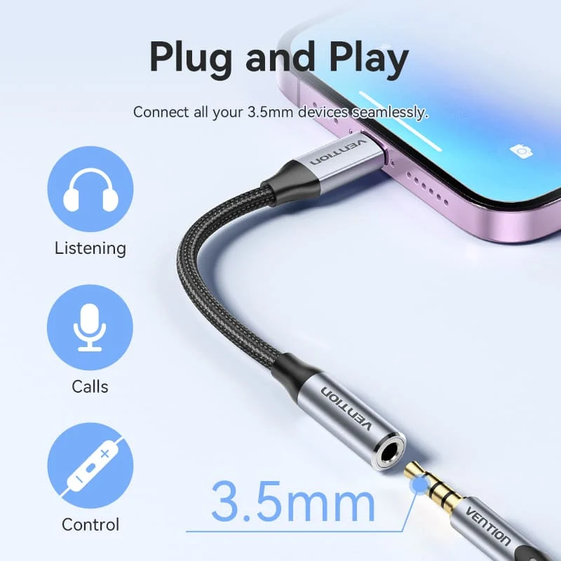 Vention Cotton Braided Lightning Male to 3.5MM Earphone Jack Adapter Aluminum Alloy Type - Image 8