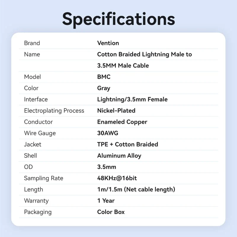 Vention Cotton Braided Lightning Male to 3.5MM Male Cable  Aluminum Alloy Type - Image 15
