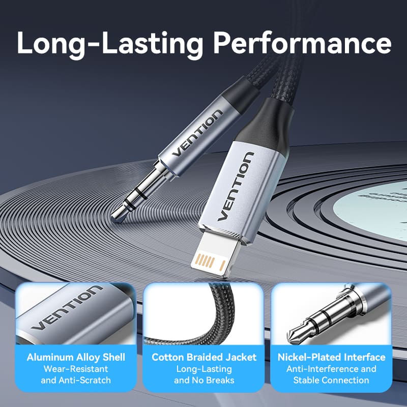 Vention Cotton Braided Lightning Male to 3.5MM Male Cable  Aluminum Alloy Type - Image 3