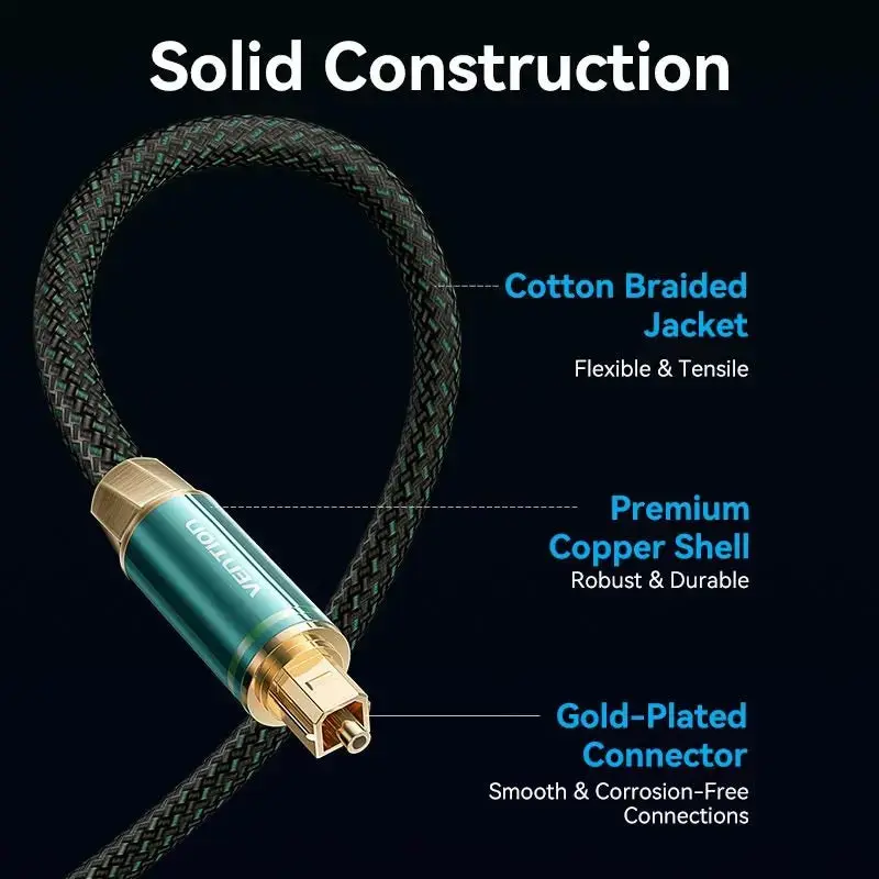 Vention Cotton Braided Optical Fiber Audio Cable 1/1.5/2/3/5/10M Green Copper Type - Image 8