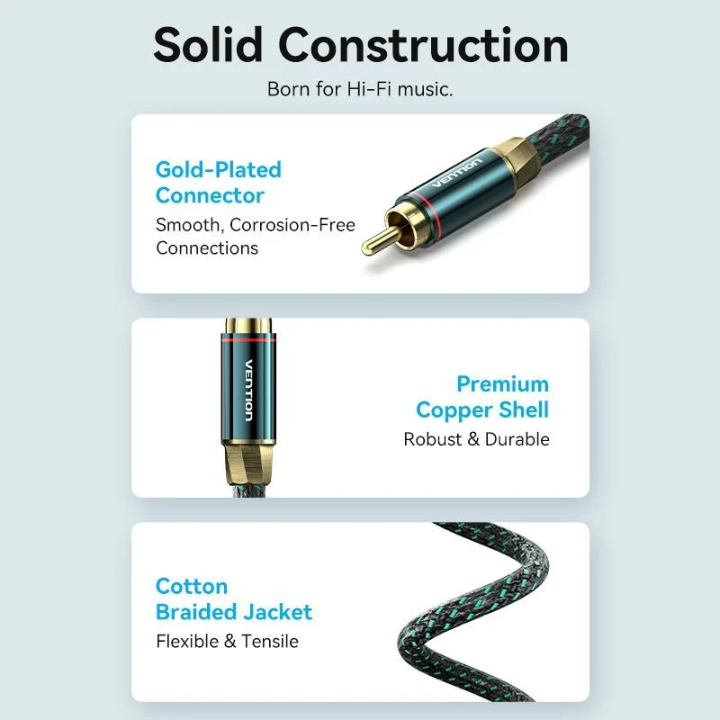 Vention Cotton Braided RCA Male to Male Coaxial Audio Cable 0.5/1/1.5/2/3/5/8/10M Green Copper Type - Image 8