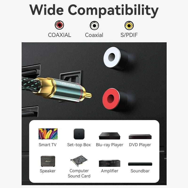 Vention Cotton Braided RCA Male to Male Coaxial Audio Cable 0.5/1/1.5/2/3/5/8/10M Green Copper Type - Image 9